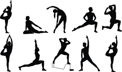 Obraz premium Silhouettes Of People Performing Various Yoga And Stretching Exercises fitness
