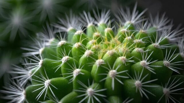 An extreme macro close-up reveals the stunning details of a vibrant green cactus. The shot intimately showcases its rugged texture, highlighting the intricate arrangement of sharp white and delicate y