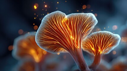 Glowing Mushroom: Illuminated mushrooms showcase intricate details, creating a captivating scene of bioluminescence, as if magic has touched the forest floor.