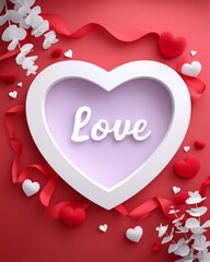 Elegant White Heart Frame With Love Text Surrounded By Red Ribbons And Small Hearts On Red Background