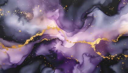 abstract watercolor marble purple background with golden flecks