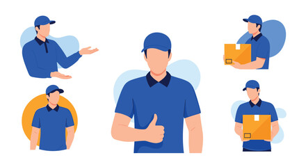 Professional delivery man in blue uniform and cap presenting, giving thumbs up, and holding packages for reliable service.