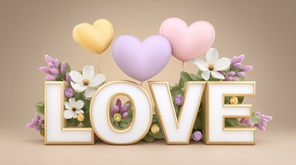 Romantic Love Word Art With Heart Balloons And Floral Accents Soft Colors