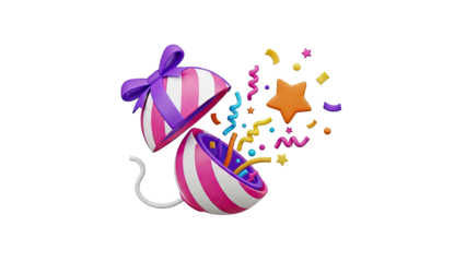 3D Open Surprise Egg with Confetti and Star on transparent background