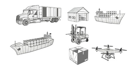 Naklejka premium Transportation logistics collection truck ship warehouse forklift drone and box