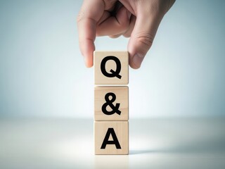 Hand placing wooden blocks spelling qa for question and answer session concept