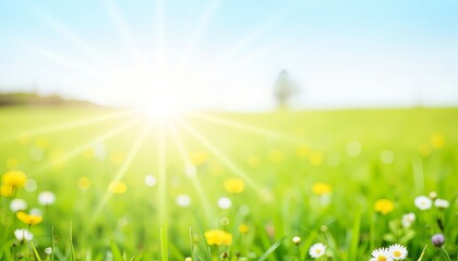 Obraz premium Bright sunny field with blooming flowers and soft sunlight 