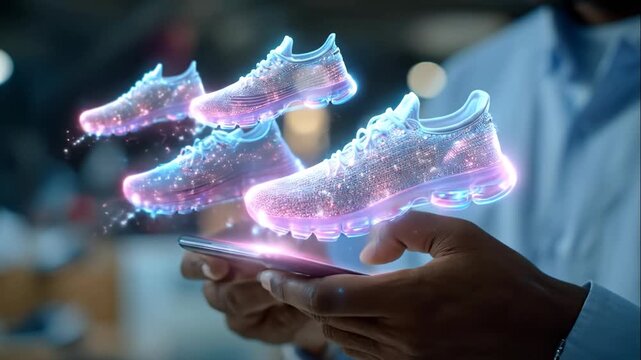 New Tech Shows Glowing Shoes Above Phone in Hands of Person During Product Interaction and Testing
