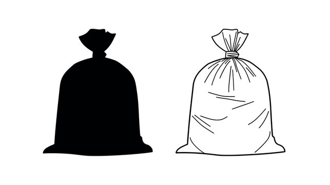 Black silhouette and line drawing of a tied trash bag