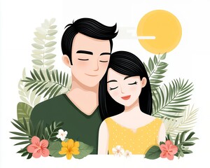Young Couple Embracing Surrounded By Lush Tropical Plants And Flowers Under A Yellow Sun