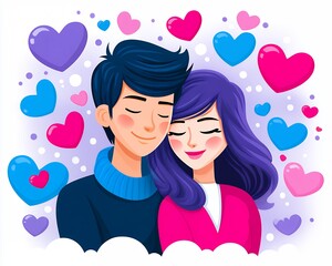 Pixelated Young Couple Embracing Surrounded By Pink Blue And Purple Hearts With Eyes Closed In A Romantic Pose