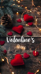 Obraz premium Valentine s day celebration with red hearts and pinecone