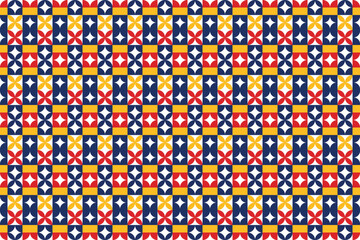 A seamless geometric pattern with repeating abstract shapes arranged in a balanced grid layout. Designed with bold colors and symmetrical forms, this pattern is ideal for wallpapers, textiles, packagi