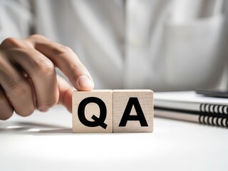 Hand placing wooden blocks with qa letters on white desk with notebooks