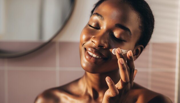 Close up of a young African American woman with glowing natural skin applying moisturizing cream to her face - Powered by Adobe