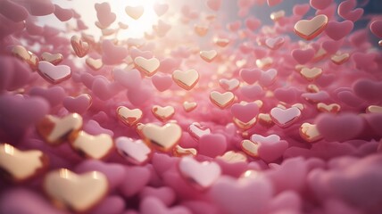Obraz premium Stunning array of floating pink and gold metallic hearts cascade beautifully in soft, romantic light perfect for celebrations