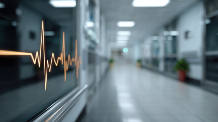 Blurry hospital corridor with heartbeat waveform overlay, medical monitor pulse line floating, sterile hallway and soft lighting evoking urgency and calm