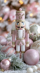 Fototapeta premium Festive nutcracker figure surrounded by soft pink ornaments creating an elegant Christmas decoration scene. 