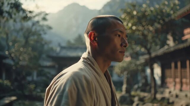 Shaolin Monks Serene Walk Through Ancient Temple Grounds.