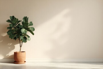 Potted plant with green leaves on minimalistic beige wall background  