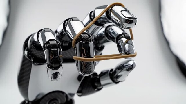 Metallic robot hand holding a brown rubber band against a white background