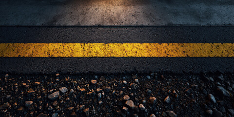 Worn yellow road stripe on textured asphalt with gravel shoulder under warm light conveying gritty nighttime mood