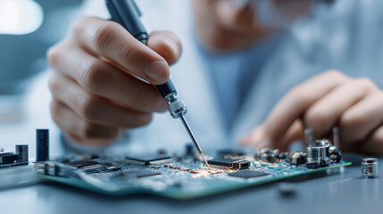 Technician soldering electronic circuit board representing engineering, repair, and hardware development.
