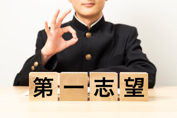 「第一志望」と書かれたブロックとOKサインをする男子学生