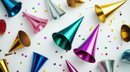 horn. Colorful party horns arranged in a circular pattern, celebrating joy and festivity with vibrant energy. event programs.