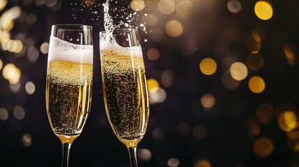 effervescence. Sparkling champagne flutes capturing a dynamic splash against a dark, moody backdrop for festive occasions. bar promotions.