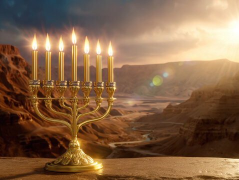 Glowing golden menorah with eight lit candles and central shamash illuminating desert canyon at sunset, warm light and reflective metal create serene festive atmosphere