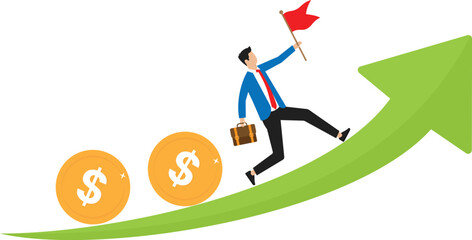 Investment profit and earning, stock market growth or fund flow, interest rate and inflation concept, businessman fund holding flag concept
