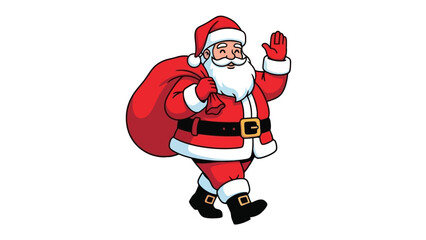 Fototapeta premium A cheerful cartoon depiction of Santa Claus walking with a large sack of gifts over his shoulder.