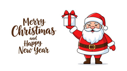 A cheerful cartoon illustration of Santa Claus holding a gift, with the text "Merry Christmas and Happy New Year" on the left.