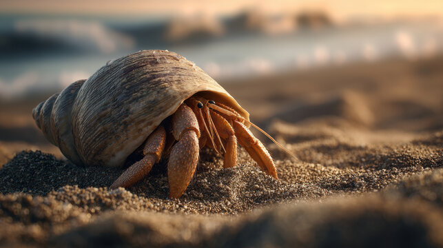 Hermit crab crawling from cracked shell on sandy beach at golden hour, close up detail showing texture, shell pattern and small claws
