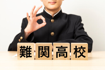 「難関高校」と書かれたブロックとOKサインをする男子学生