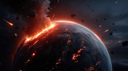 Fototapeta premium Molten impact on planet surface, volcanic fissure glowing across dark globe with meteor shower and space debris, dramatic cinematic lighting conveying catastrophic energy and heat
