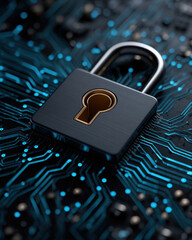 Locked padlock on circuit board with glowing blue light security concept and digital protection against cyber threat