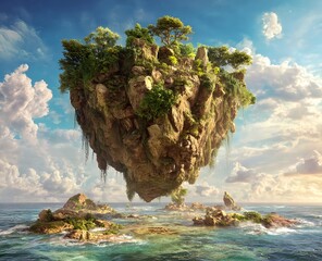 A dreamy floating island sanctuary glowing beneath the radiant tropical sky