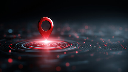 Glowing red location pin hovering over a digital surface symbolizing GPS navigation and tracking technology.
