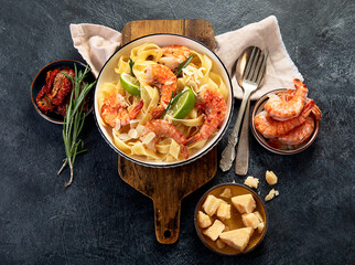 Delicious pasta with red shrimps, italian pasta, mediterranean recipe.