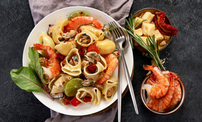 Seafood sauce italian pasta, mediterranean recipe.
