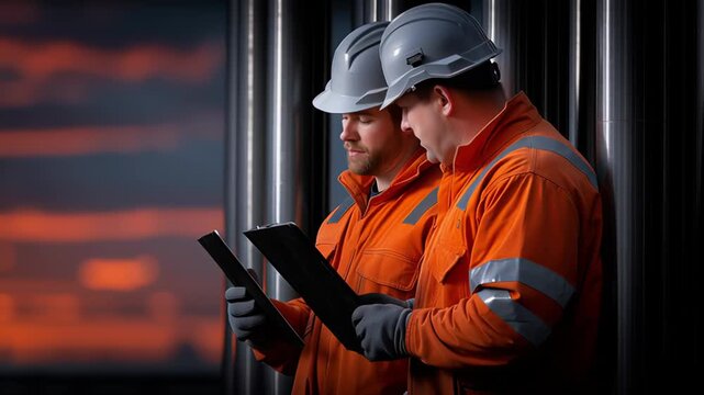 Construction workers in orange safety gear checking clipboard notes, silhouetted against golden sunset sky, highlighting collaborative industrial teamwork moment