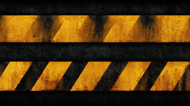Worn yellow and black diagonal caution stripes on grunge metal surface, industrial hazard marking with textured rust and shadow, gritty warning pattern conveying safety alert