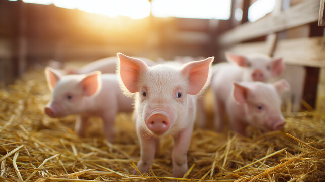 Group of young piglets standing together on straw inside a farm enclosure.
