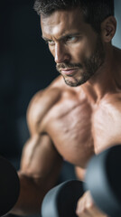 Fototapeta premium Muscular man lifting dumbbells during an intense workout in a dark gym environment. 