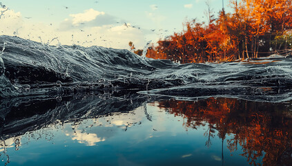 Oil spill spreading across calm lake water, abstract environmental pollution concept highlighting ecological damage and water contamination issues