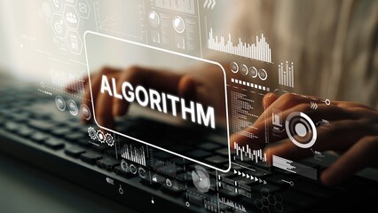 Digital Interface Displaying Algorithm Concept with Data Visualizations and Hands on Keyboard. Asymptotic smart data analytic.