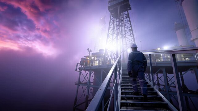 Oil worker wearing safety helmet climbing metal stairs of offshore drilling platform during sunset, dramatic cloudy sky highlighting industrial energy production landscape