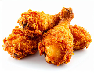 Crispy fried chicken legs isolated on white background, perfectly cooked golden coating.